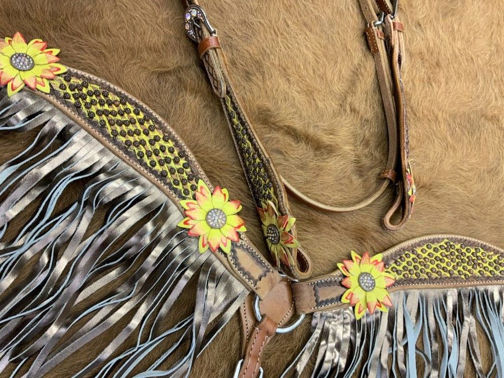 Showman Painted 3D yellow Floral Accent Browband Headstall and Breast collar Set with Fringe #3